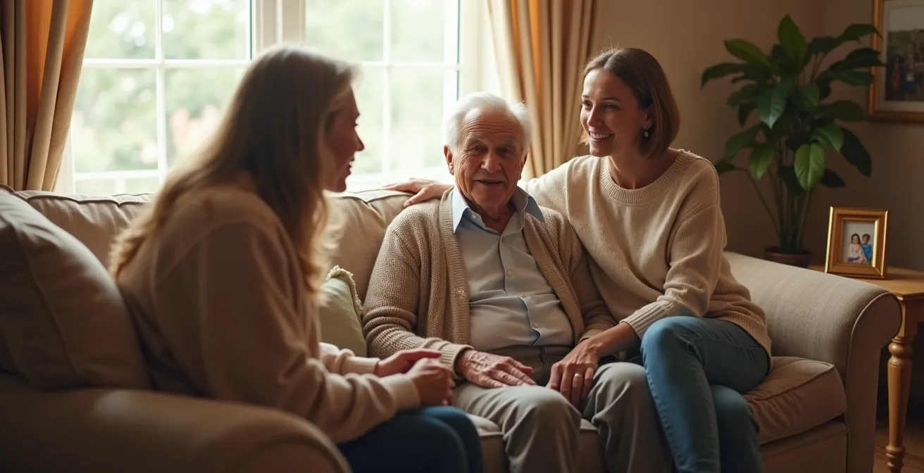 Conversation bienveillante entre générations dans un salon chaleureux