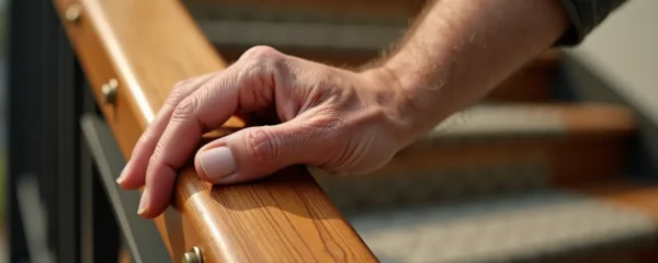 Senior se tenant à une main courante moderne sur escalier sécurisé
