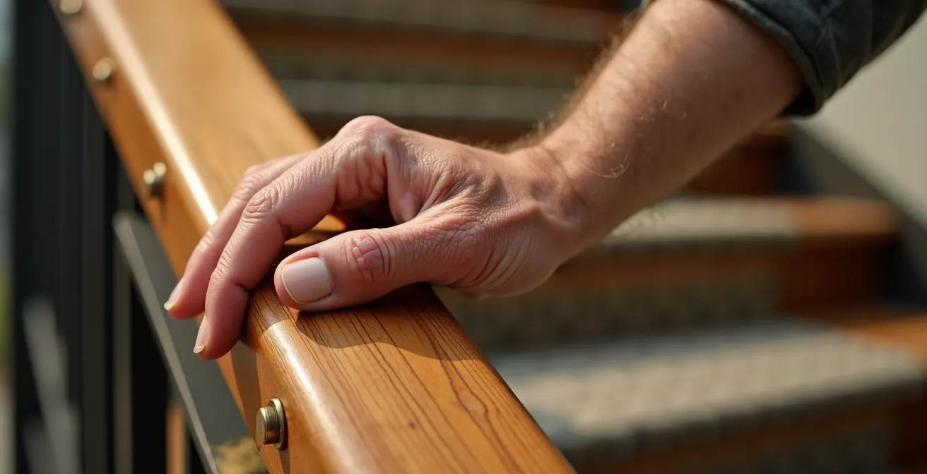 Senior se tenant à une main courante moderne sur escalier sécurisé