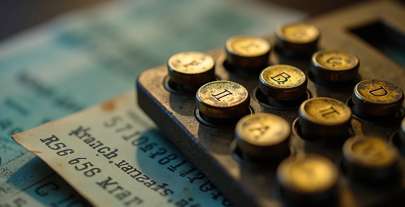 Vue macro d'une calculatrice vintage avec des papiers flous en arrière-plan