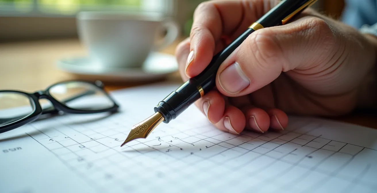 Détail d'une main tenant un stylo au-dessus d'une grille d'évaluation