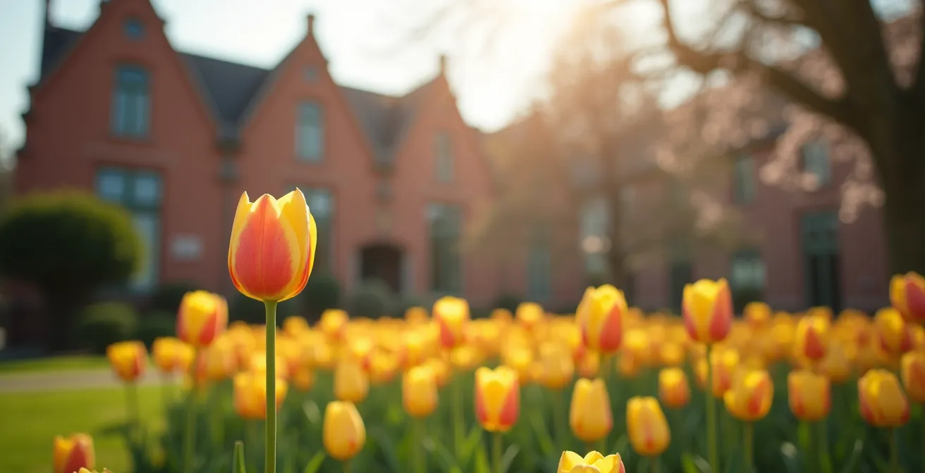 Vue large d'un jardin fleuri avec architecture flamande en arrière-plan flou