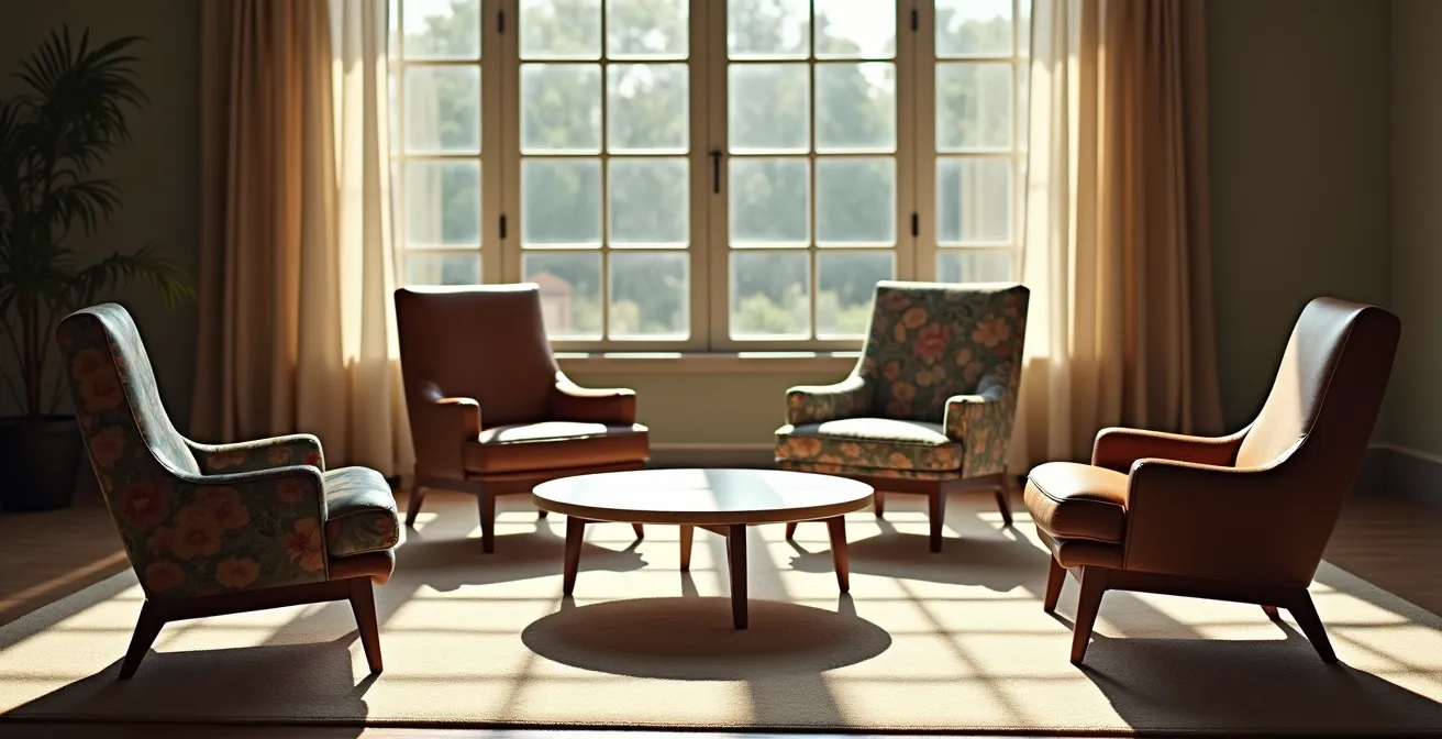 Groupe diversifié de seniors en discussion dans un salon communautaire