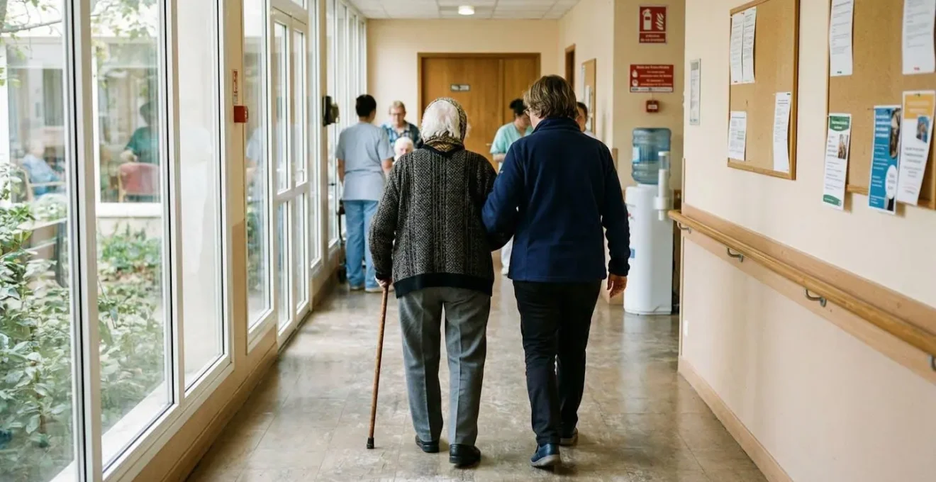 Une femme d'une cinquantaine d'années et sa mère âgée marchent bras dessus bras dessous dans un couloir lumineux, vues de dos