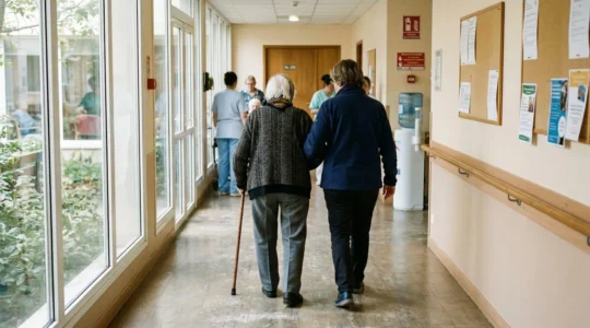 Une femme d'une cinquantaine d'années et sa mère âgée marchent bras dessus bras dessous dans un couloir lumineux, vues de dos