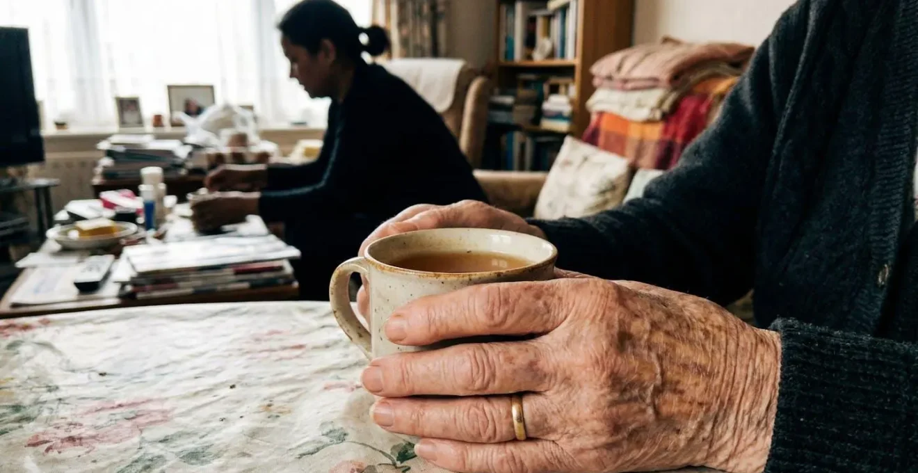 Les mains d'une personne âgée tenant une tasse de thé, avec une silhouette floue d'un soignant en arrière-plan dans un espace de vie commun