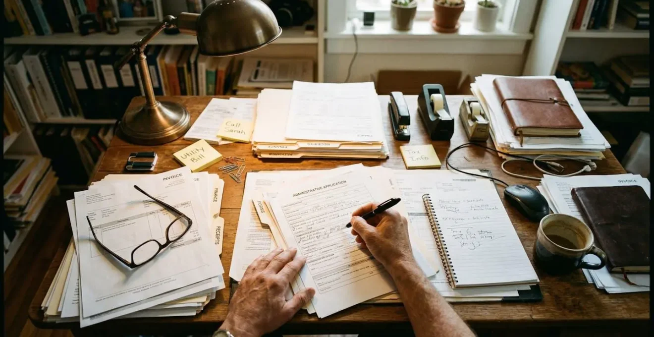 Un bureau avec des papiers administratifs étalés, une paire de lunettes posée et une main tenant un stylo au-dessus d'un formulaire, dans une ambiance domestique