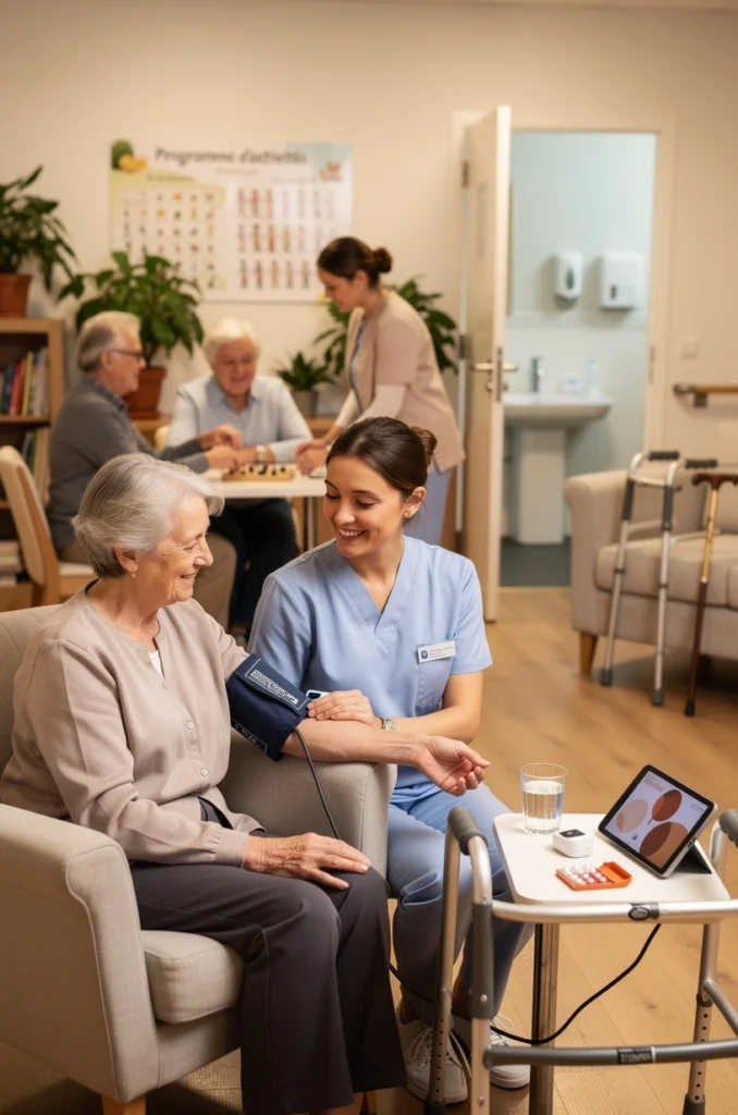 une aide soignante prend la tension à une dame âgée