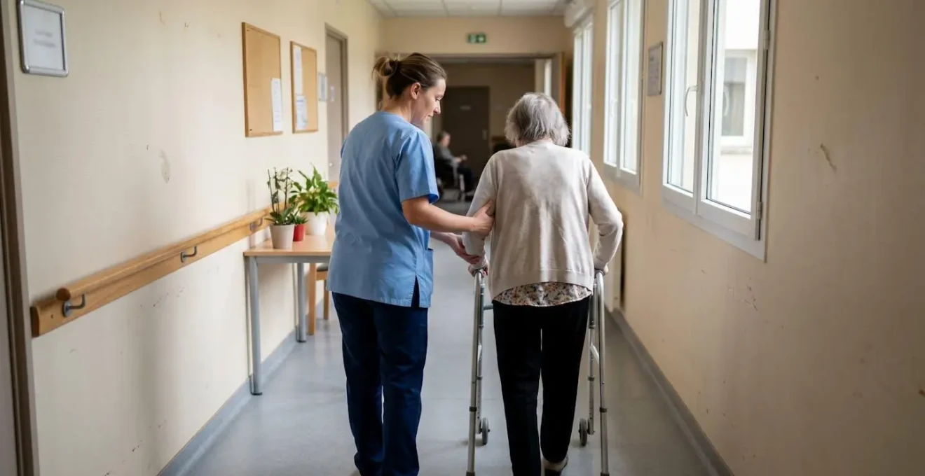 Une aide-soignante accompagne un résident senior avec déambulateur dans un couloir lumineux d'EHPAD, vue de profil