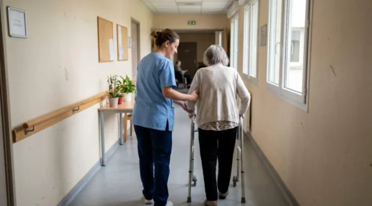 Une aide-soignante accompagne un résident senior avec déambulateur dans un couloir lumineux d'EHPAD, vue de profil