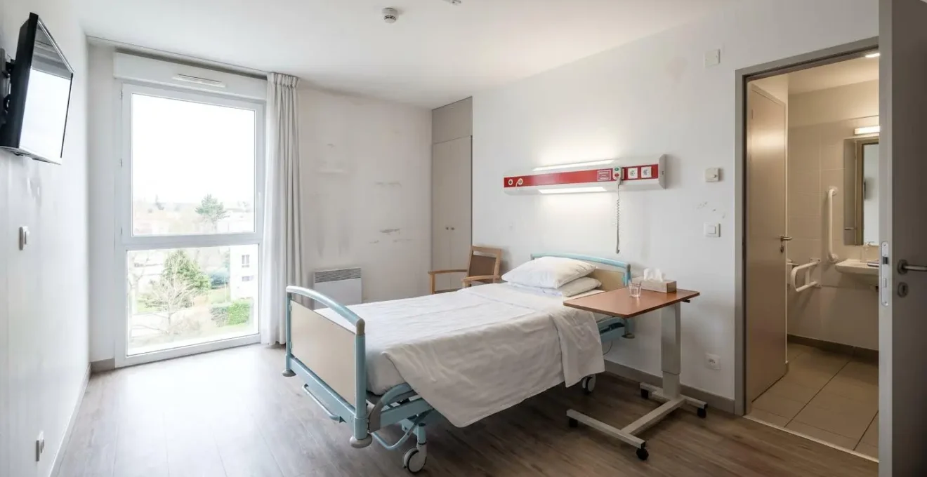 Chambre vide d'EHPAD médicalisé contemporain avec lit médicalisé, bouton d'appel et grande fenêtre lumineuse