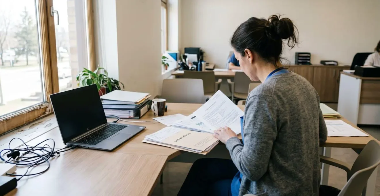 Un professionnel médico-social consulte des documents d'évaluation de dépendance dans un bureau lumineux, vu de dos