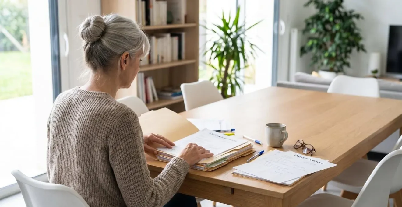 Une femme de dos à une table organisant des dossiers et documents administratifs, lumière naturelle de fenêtre, intérieur domestique contemporain