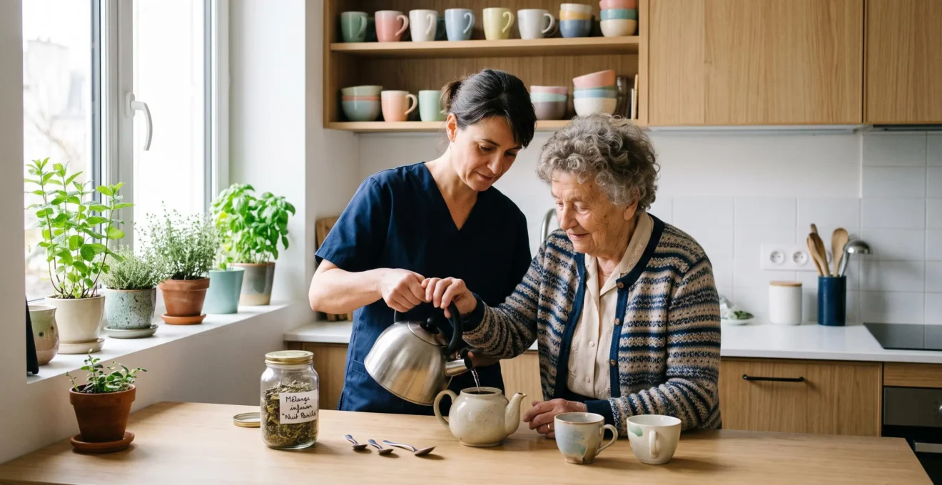 Auxiliaire de vie et femme senior préparant une tisane ensemble dans cuisine moderne, interaction naturelle et chaleureuse, lumière douce de fenêtre