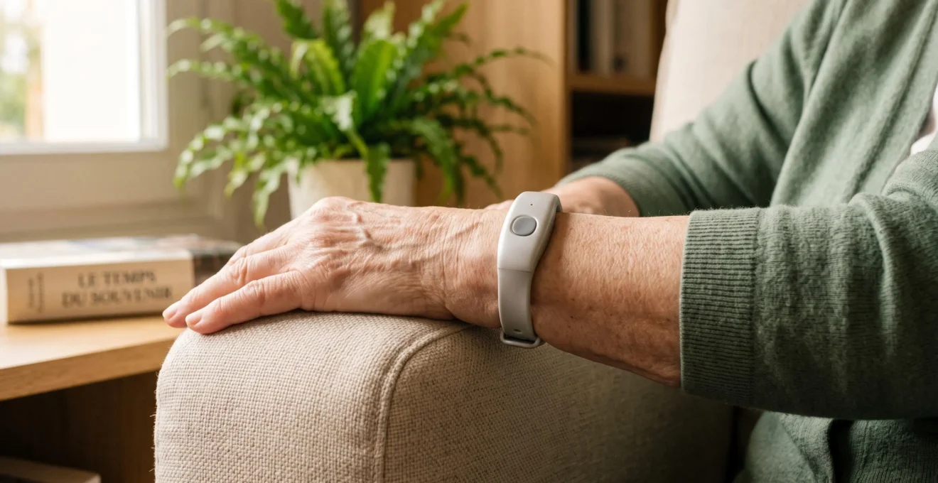 Gros plan sur bracelet de téléassistance moderne porté au poignet d'une personne âgée, design discret et élégant, main reposant sur fauteuil