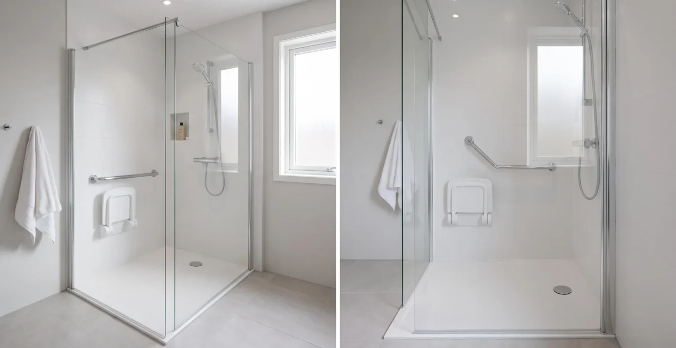 Douche plain-pied moderne avec receveur extra-plat blanc, barres d'appui chromées design, siège escamotable et éclairage LED intégré dans salle de bain contemporaine