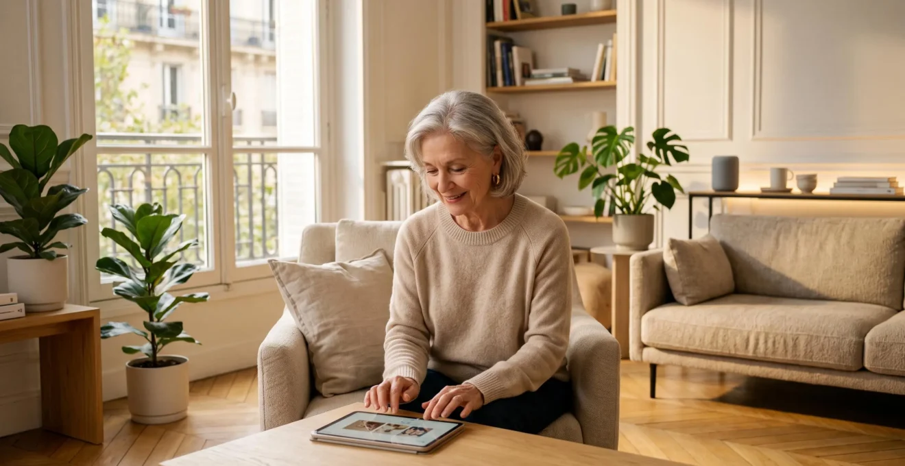 Femme senior assise dans son salon lumineux consultant une tablette, environnement domestique adapté avec assistant vocal et éclairage LED discret