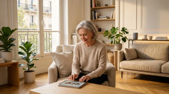 Femme senior assise dans son salon lumineux consultant une tablette, environnement domestique adapté avec assistant vocal et éclairage LED discret