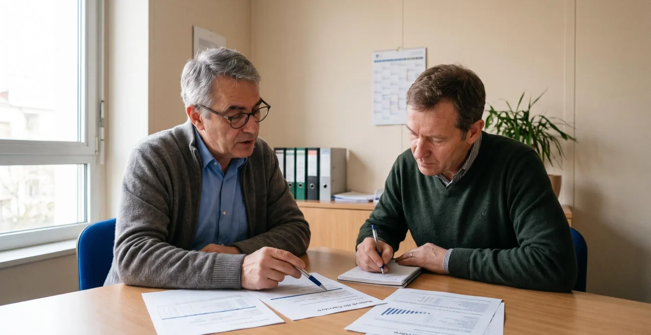 Un consultant examine des documents de carrière avec un client en bureau.