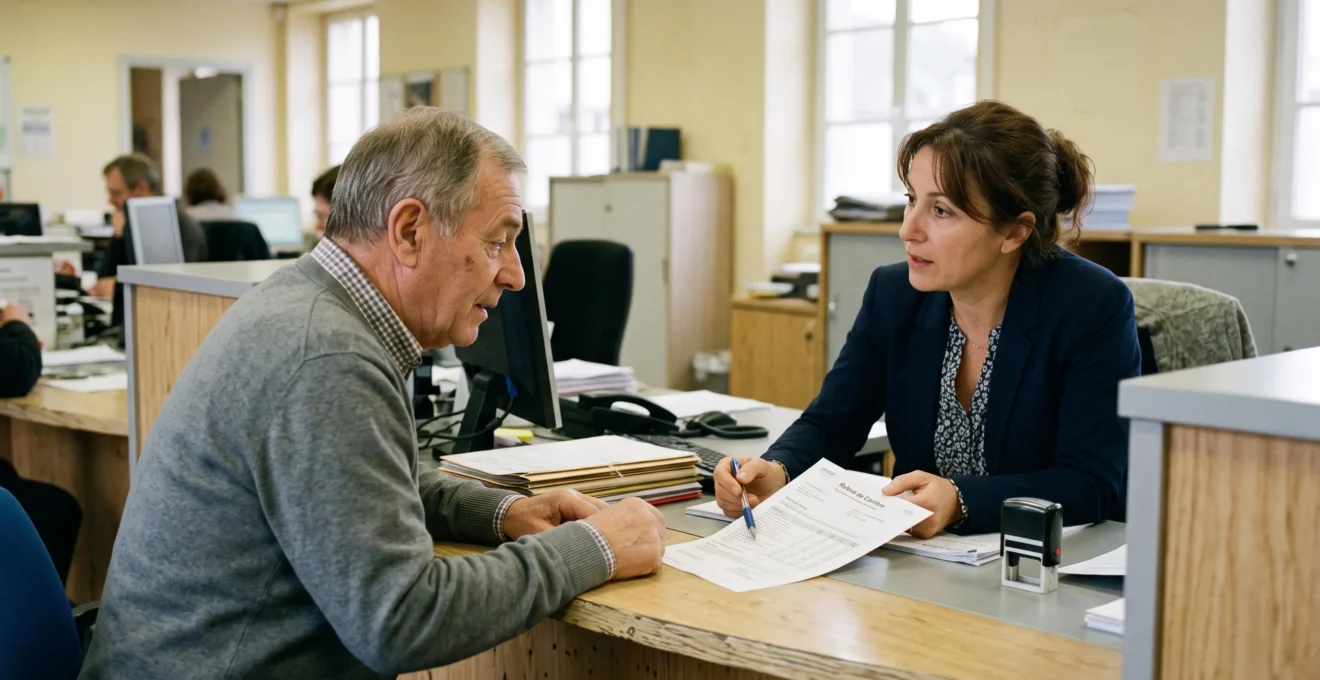 Un futur retraité échange avec un conseiller derrière un comptoir d'accueil.