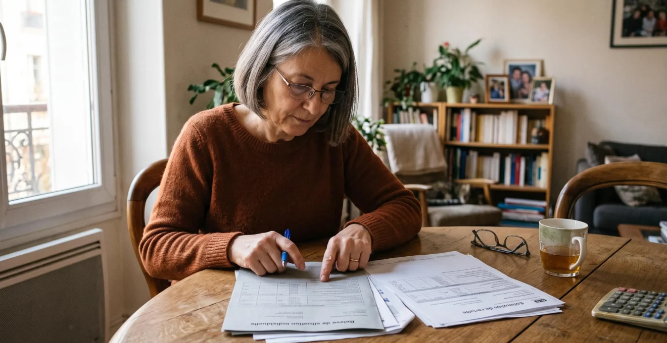 Une femme compare des relevés de carrière imprimés à sa table.