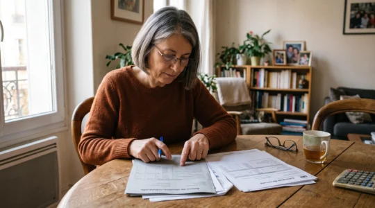 Une femme compare des relevés de carrière imprimés à sa table.
